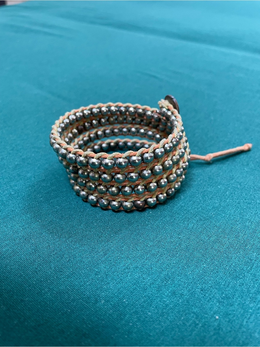 Beaded Multi-Row Wrap Bracelet in Silver and Tan